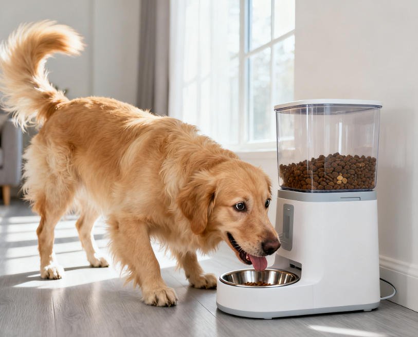 A happy dog eating from a modern automatic pet feeder