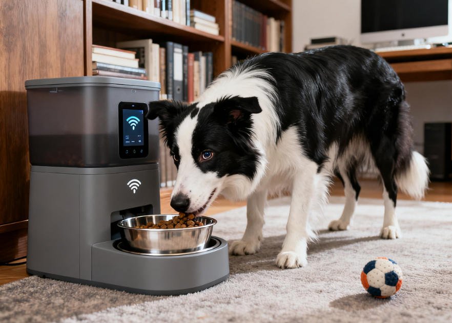 A GoFeedPet tester evaluating an automatic feeder with a dog