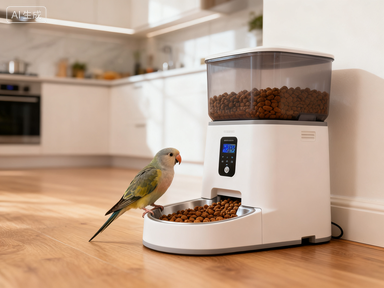 Una escala equilibrada que muestra los pros y contras de los alimentadores automáticos para mascotas