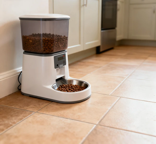 A person controlling a smart dog feeder from their smartphone