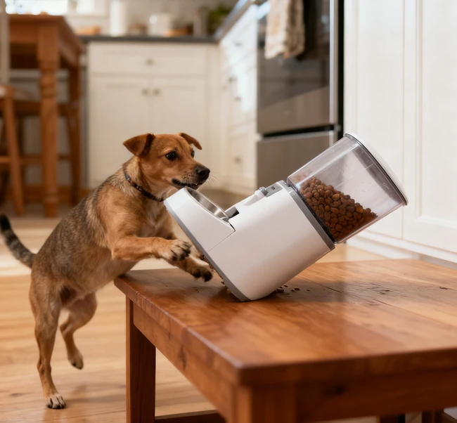 Close-up de kibble atascado en el mecanismo de dispensación de un alimentador automático