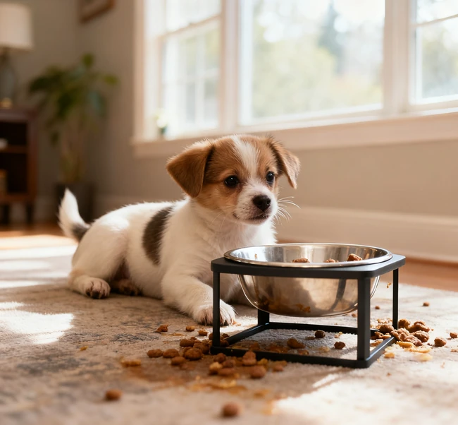Un chien âgé atteint d'arthrite mangeant d'un bol élevé pour éviter de se plier