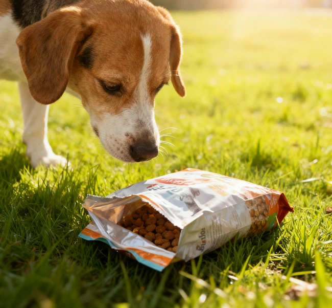 Comparison of high-quality dog food with visible meat and lower-quality food with more fillers