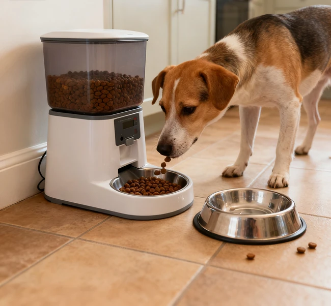 A lineup of three different automatic dog feeders