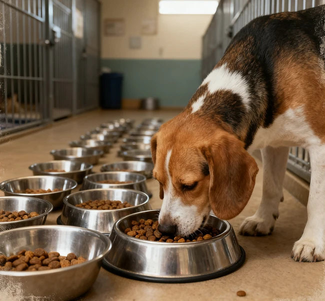 A person measuring dog food and writing instructions on a notepad