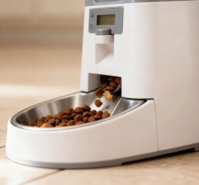 Dos gatos compiten por comida de un alimentador automático