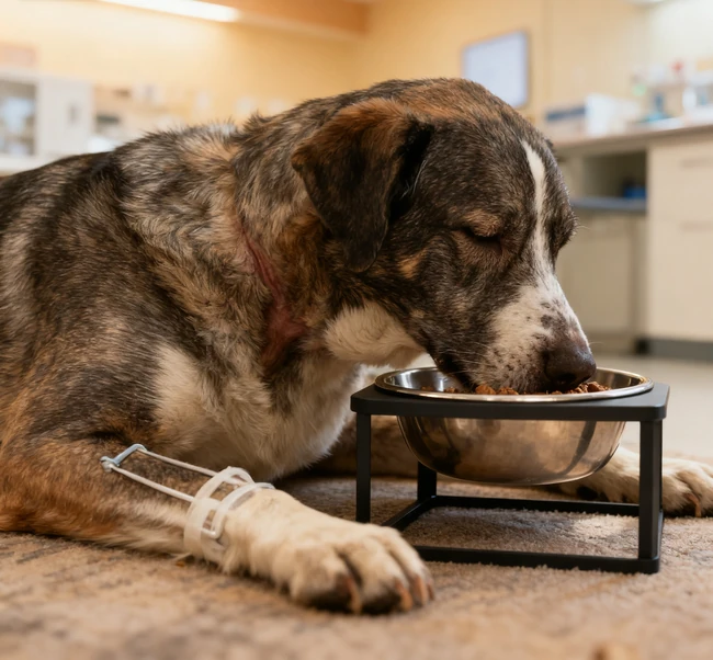 Un grand chien à poitrine profonde mangeant rapidement dans un bol