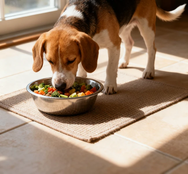 A smart automatic pet feeder dispensing food into a stainless steel bowl