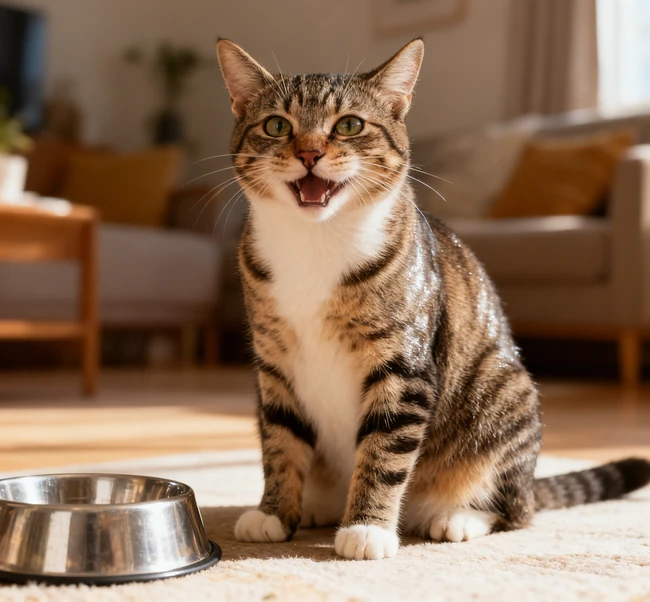 A collage showing a kitten, an adult cat, and a senior cat