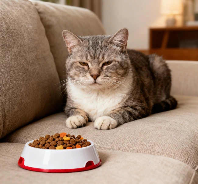 A cat happily eating from a ceramic food bowl