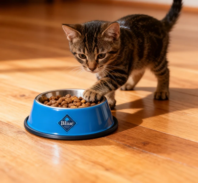 Un gato comiendo alimentos secos de un alimentador automático PETLIBRO