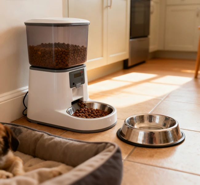 Close-up of hands inspecting the mechanism of a pet feeder