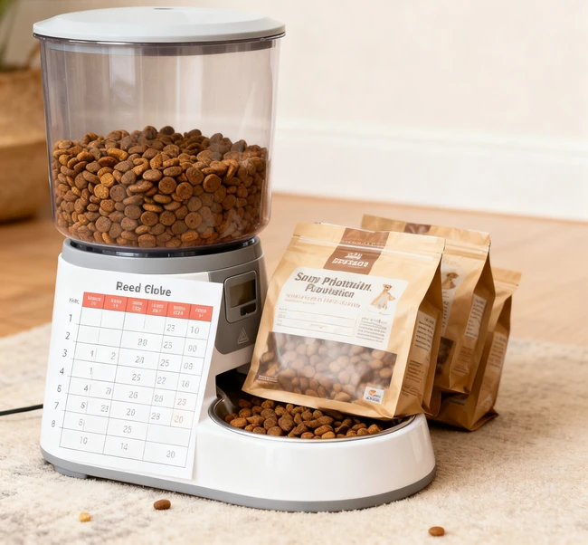 A pet sitter feeding a dog from a bowl in a home kitchen