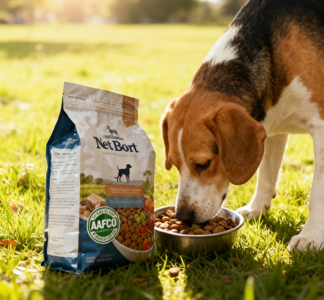 A dog eating from an automatic pet feeder on a kitchen floor