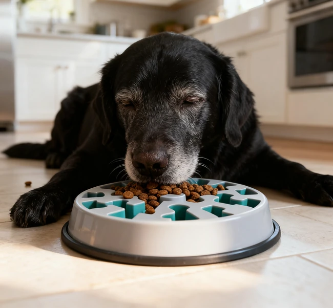 A happy and content dog resting after a meal from a slow feeder