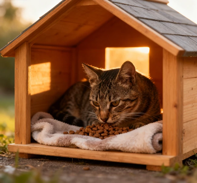 A clean bowl of fresh water placed next to a food bowl for a stray cat