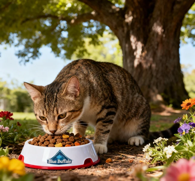 An automatic pet feeder dispensing kibble into a stainless steel bowl