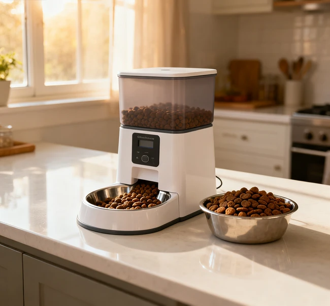 A happy and healthy dog eating from its automatic feeder