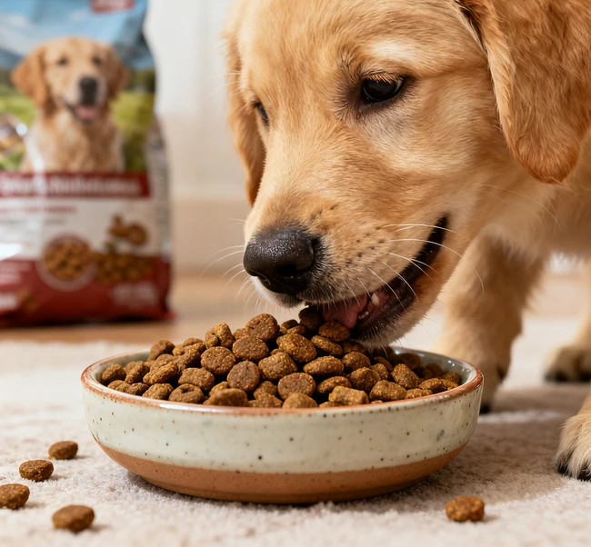 A happy and healthy dog enjoying a meal