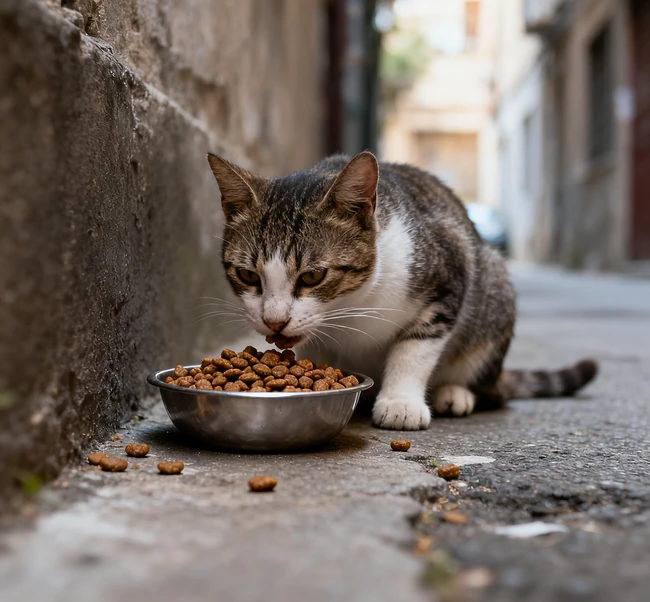 A healthy-looking stray cat after being fed properly