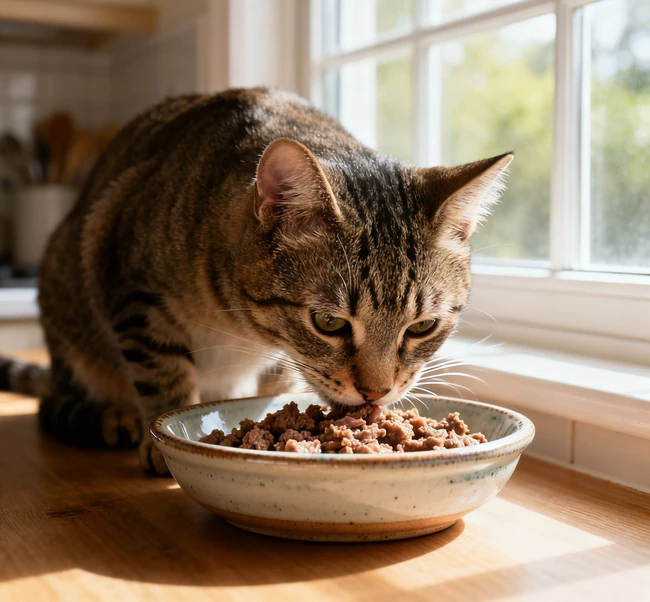 A happy and healthy cat resting comfortably